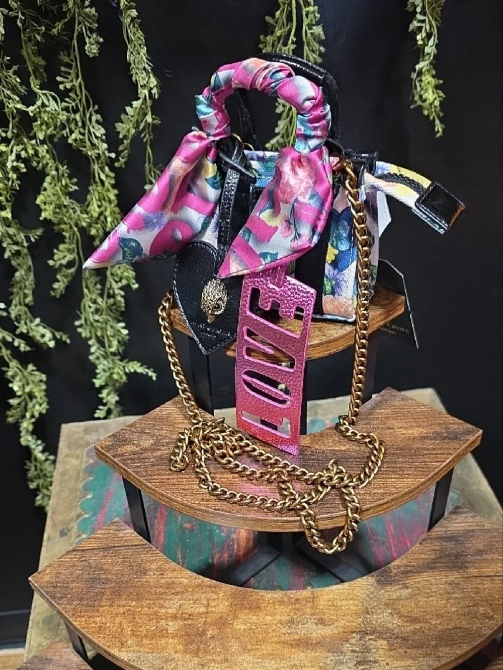 Kurt Geiger Micro Crossbody w/ Floral Scarf Handle Charm w/ Gold Chain & Accents
